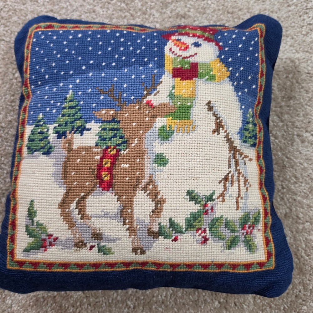 Needlepoint Christmas Throw Pillow Snowman Reindeer Holiday Velvet 12x12